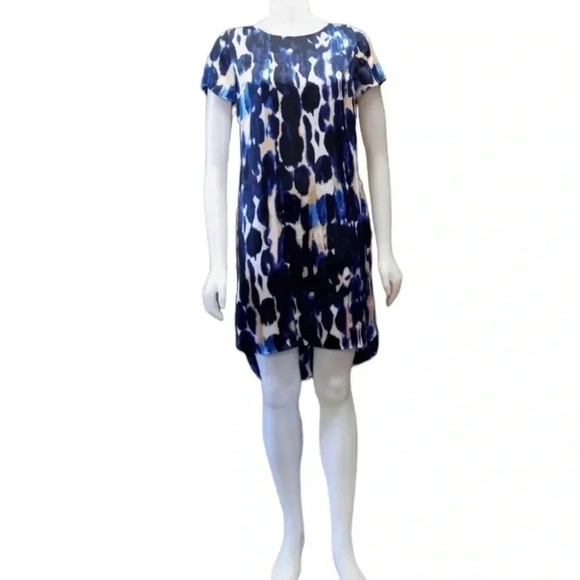 Michael Kors Silky Lined Blue White Watercolor Hi Lo Shirt Dress  4 - Picture 3 of 10